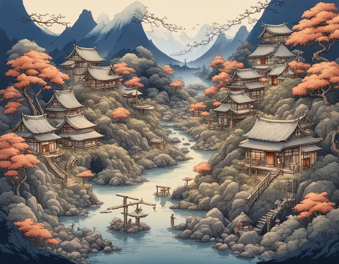 Fairy village in Katsushika Hokusai style   by @bochiski