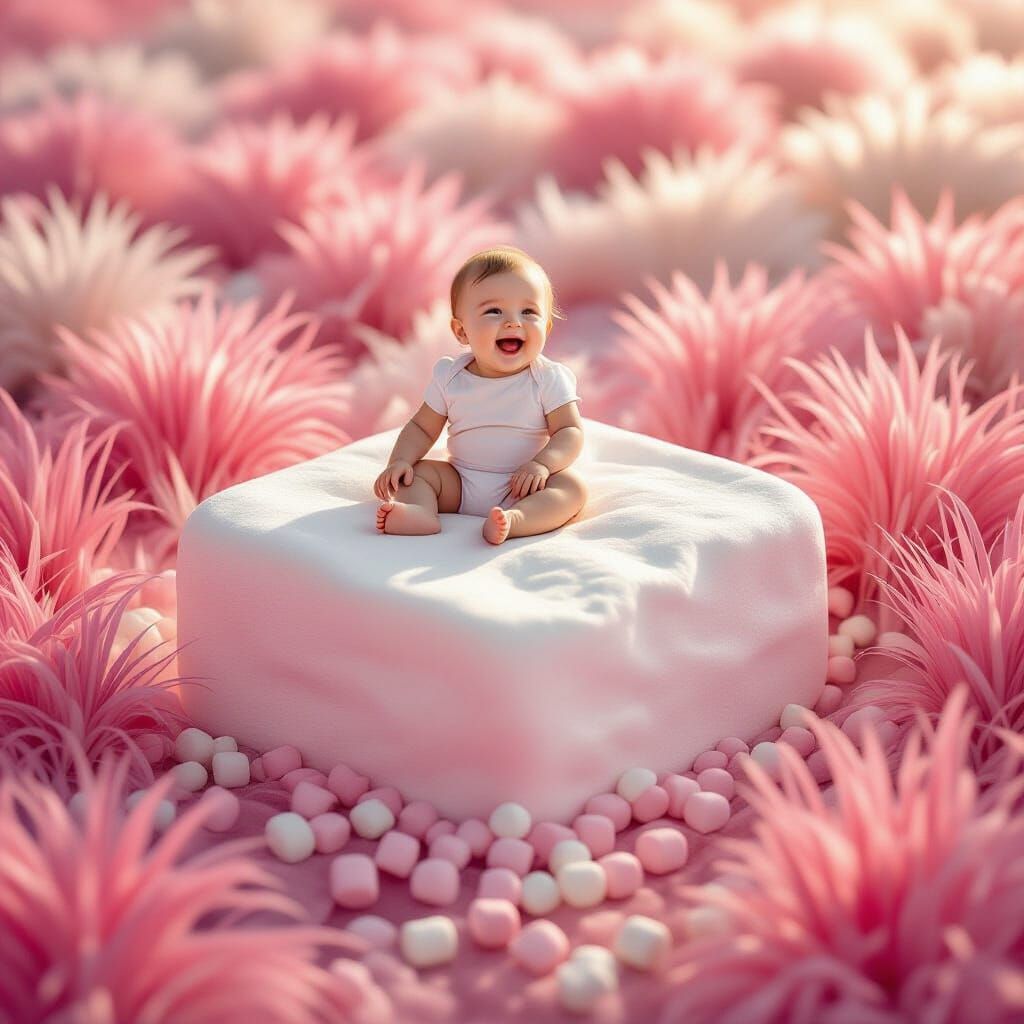 Baby Laughing on Giant Marshmallow in Hyperrealistic Scene