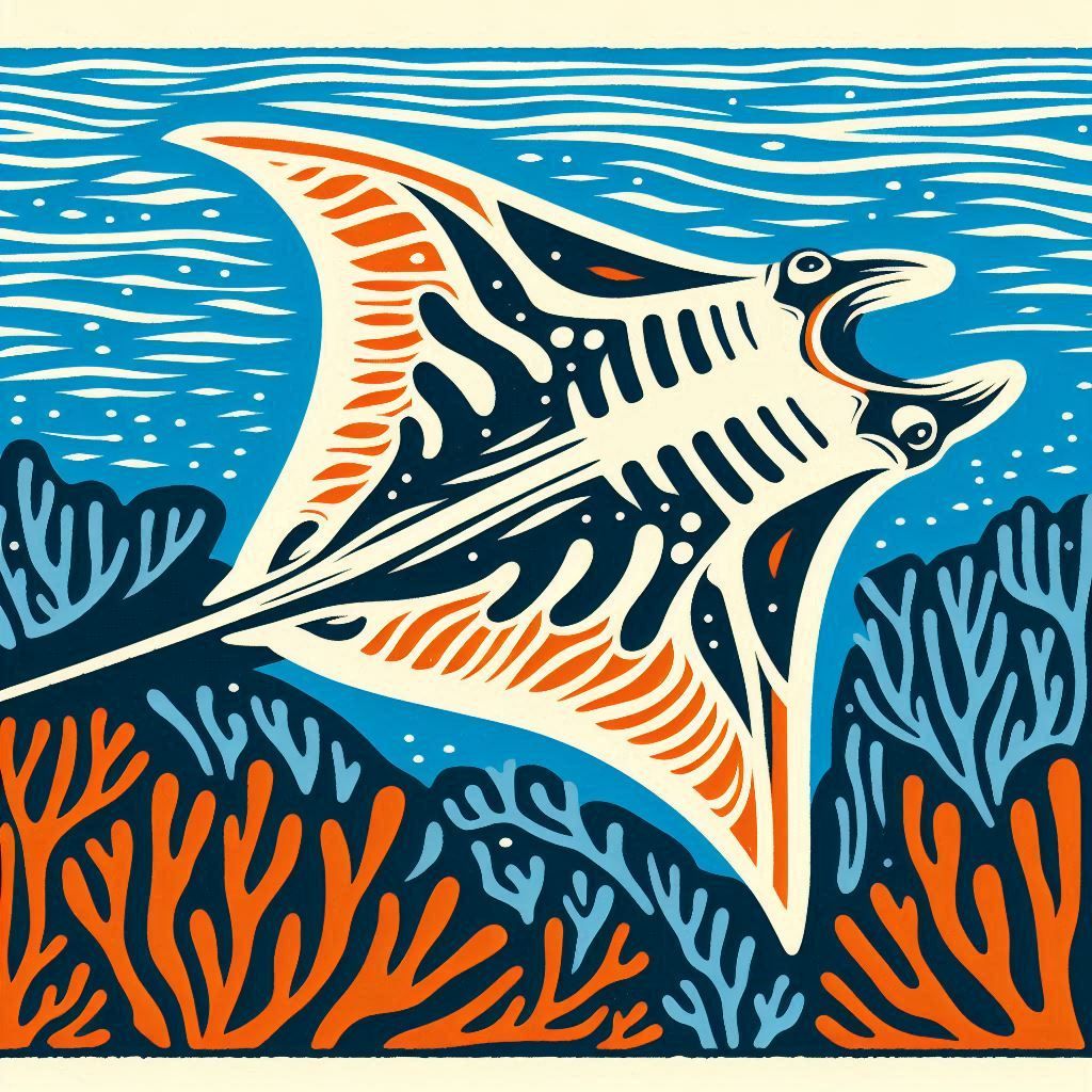 Orange and Blue Manta Ray Woodblock