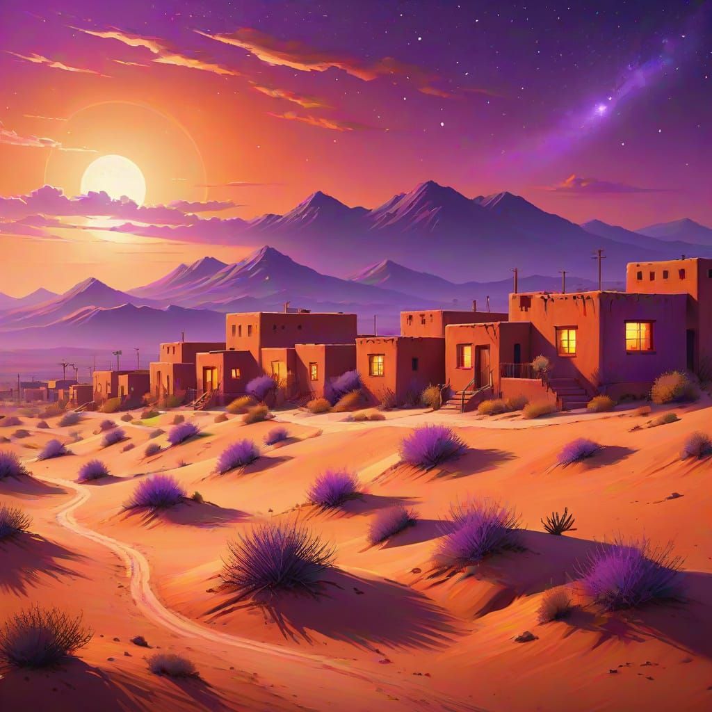 houses color orange in desert, sky purple with stars  by @SassaG