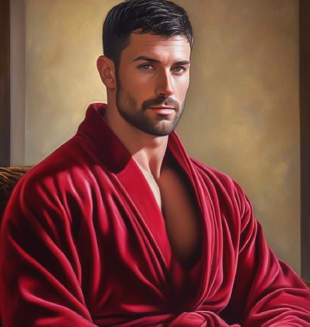 A handsome  serene man  wearing a   red velours   bathrobe
