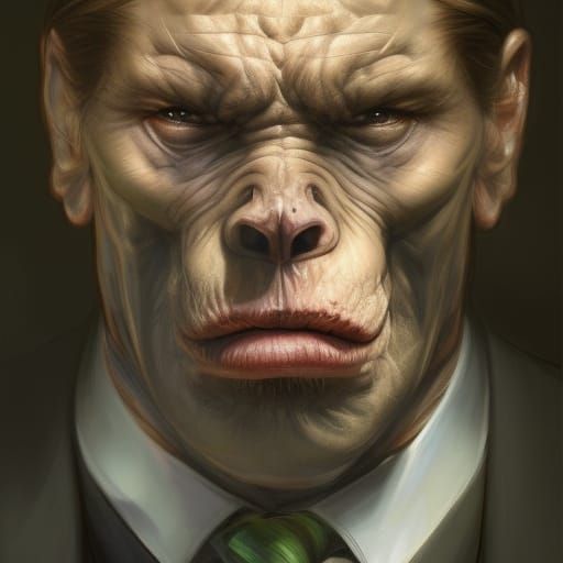 Ape in suit ,5D lighting,5D surreal fantasy art,detailed fac...