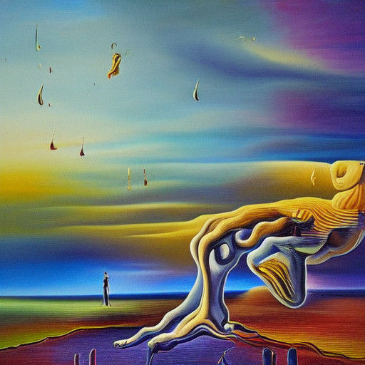 Surrealist Figure Stands in Vibrant, Dreamlike Landscape