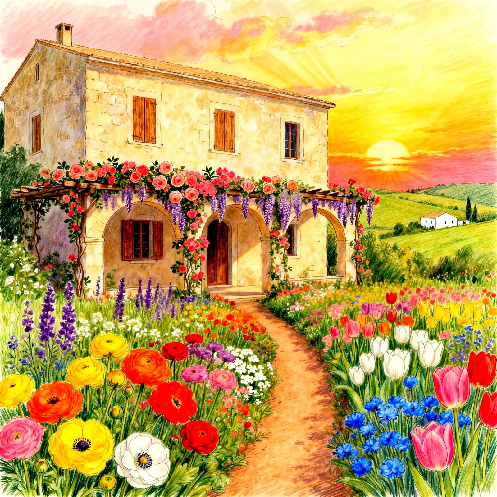 Idyllic Stone Farmhouse at Golden Hour Sunset