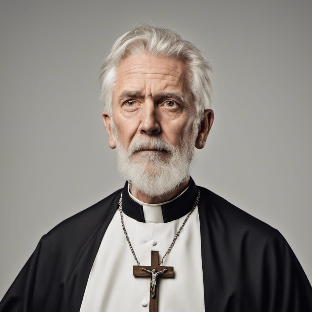 catholic priest, 60 years old, holding crucifix, portrait, looks scared ...