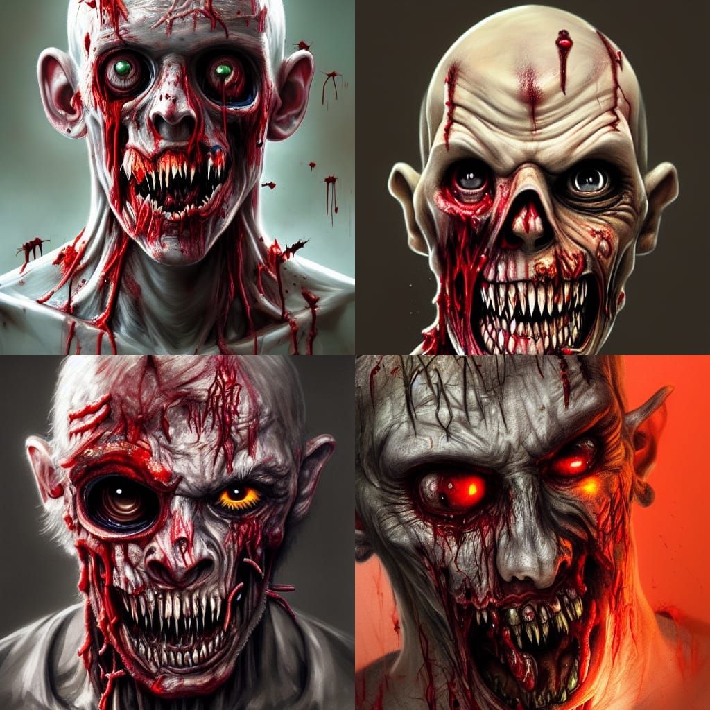 Scary zombie, realistic blood, vivid colors, sharp teeth, ro...