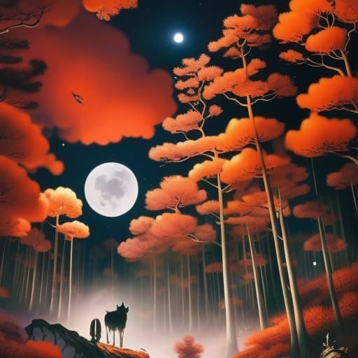 Intricate Forest Scene with Liminal Moon, Surreal Art