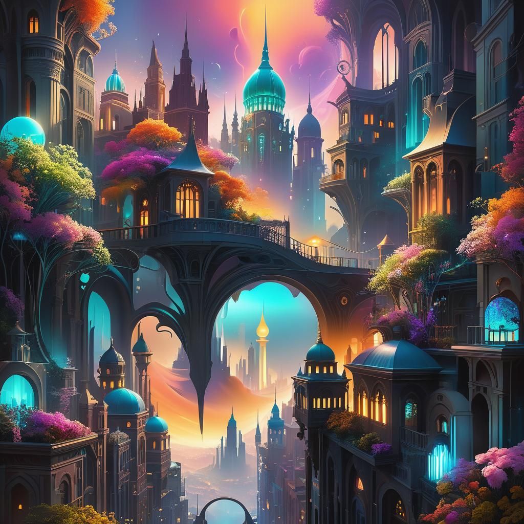 Surreal Cityscape with Glowing Flora in Ethereal Light