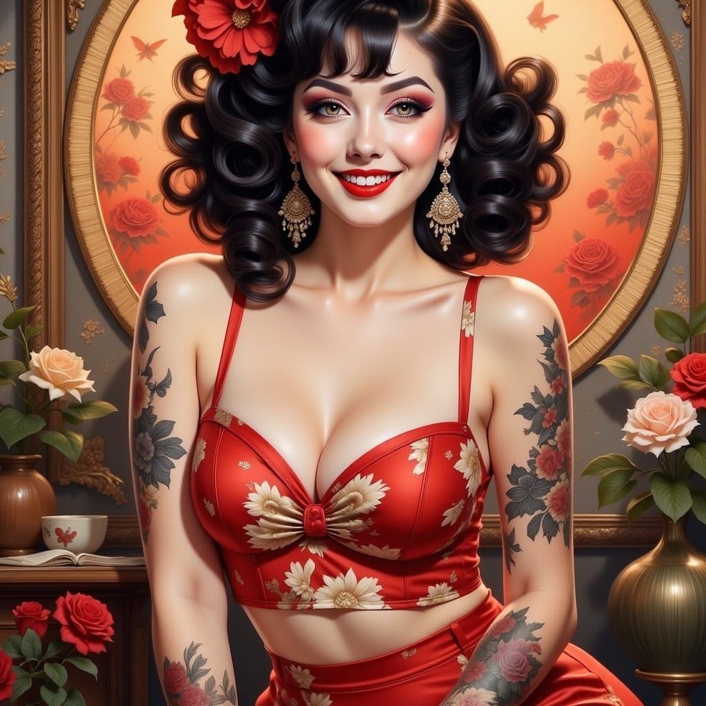 <lora:Pinup flux:1.0> Gorgeous geisha pin up style