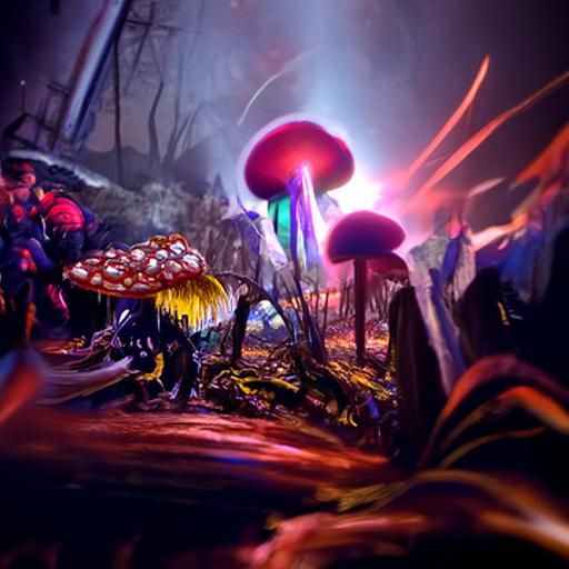 A forest covered in mushrooms from a big glowing mushroom so...