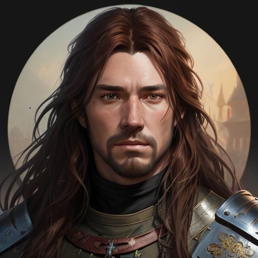 handsome medieval man with reddish-brown long hair