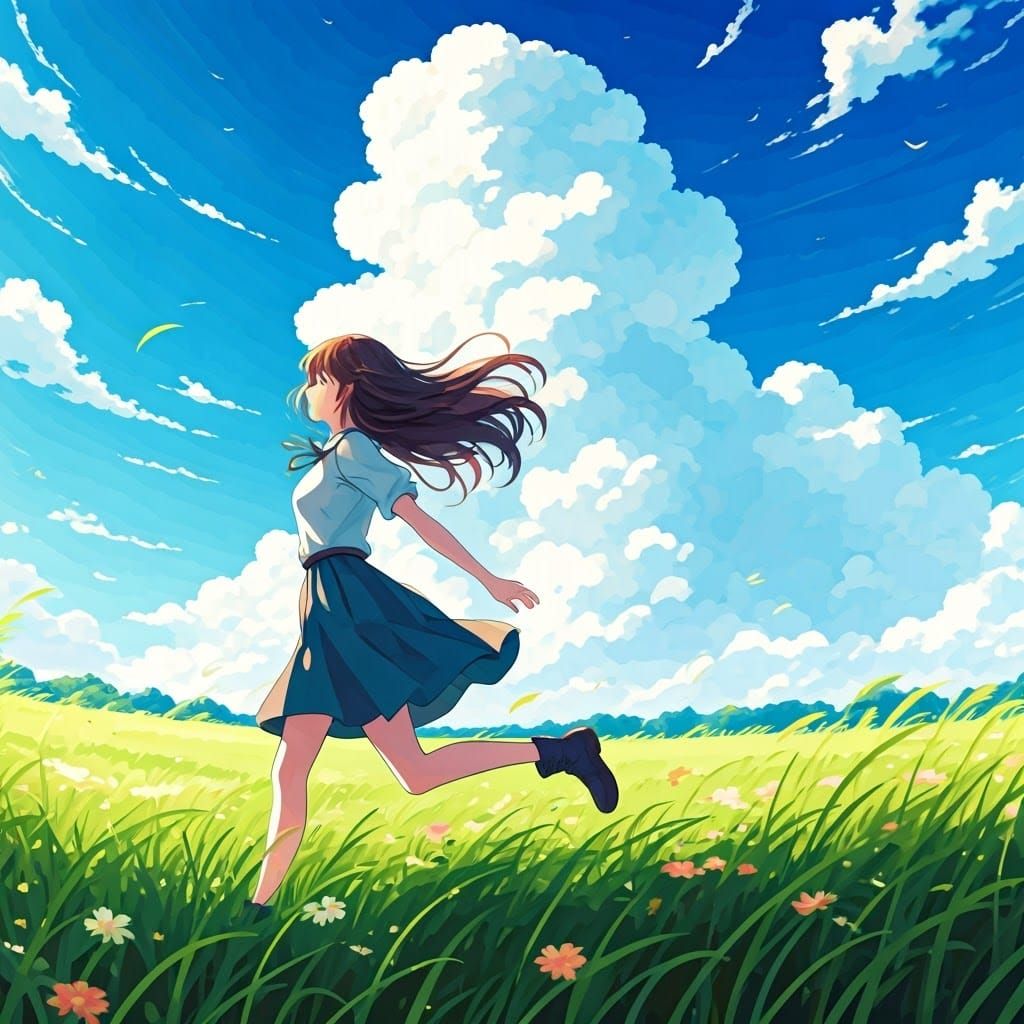 Vibrant Anime-Inspired Woman Runs Freely in a Lush Green Fie...