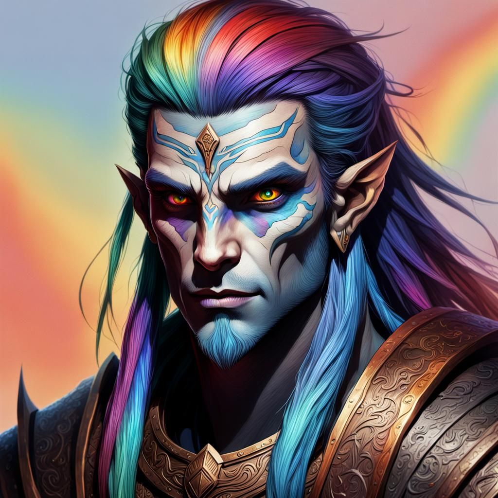 Detailed Dunmer male. Rainbow eyes. Rainbow hair.