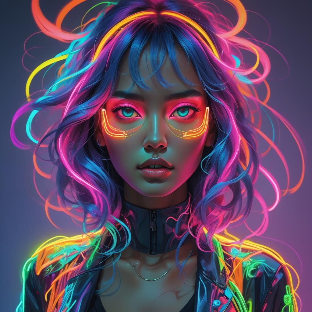 Portraits where elements like hair, eyes, or clothing glow with neon colors, adding a surreal and vibrant ...  by @Seleneofjupiter 