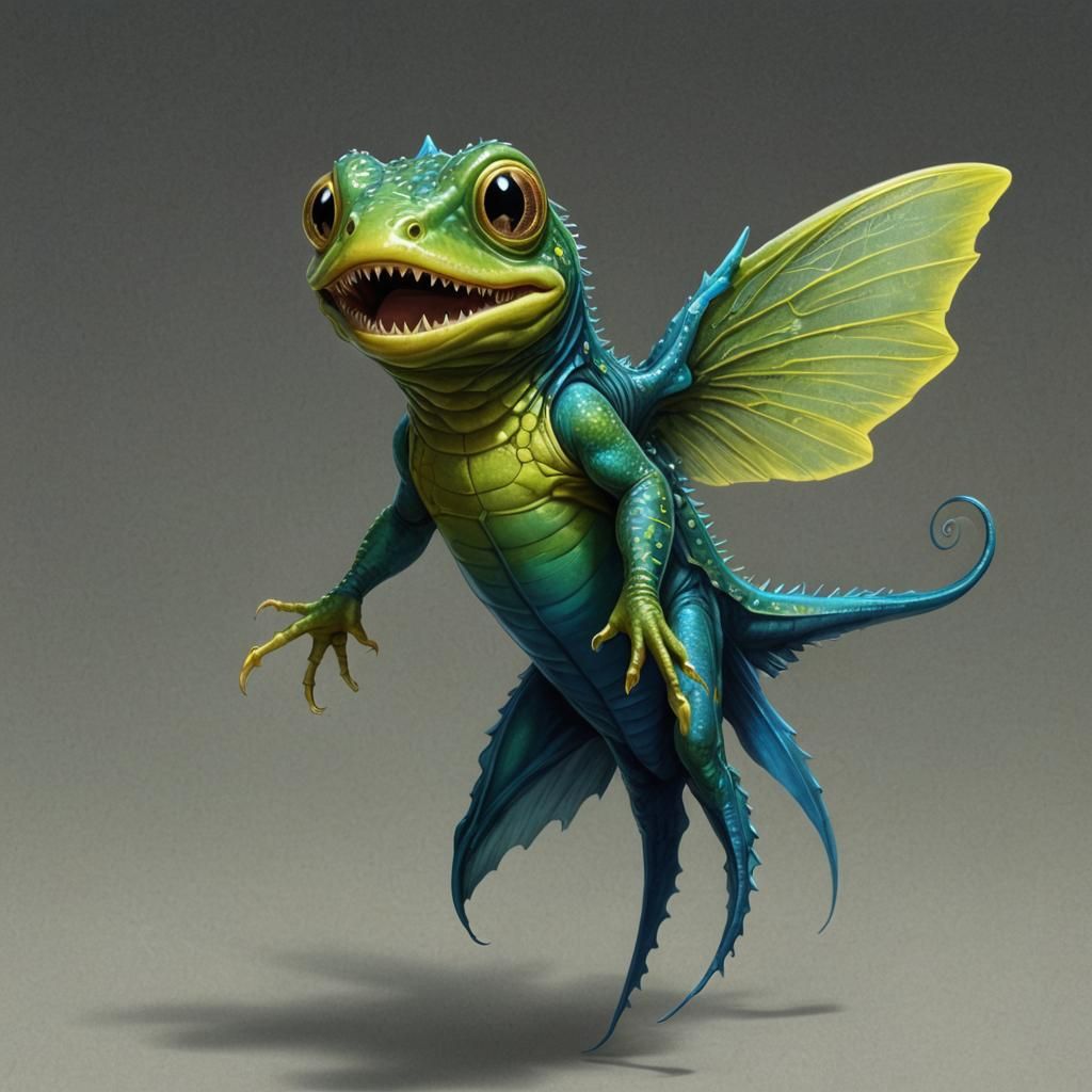 cute monster green limbless scaly tadpole long tail flying n...