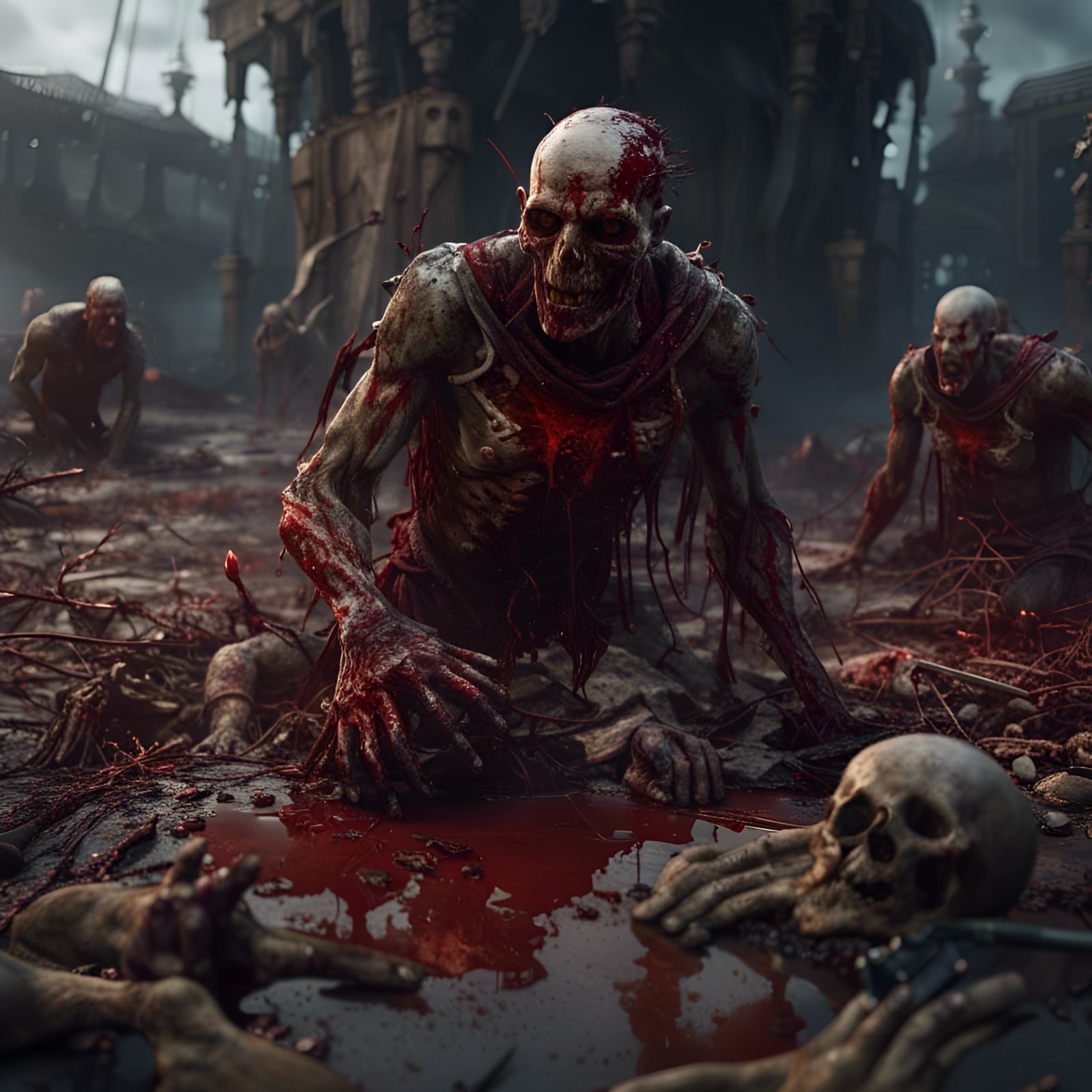 rotting human bloody bodies on battlefield