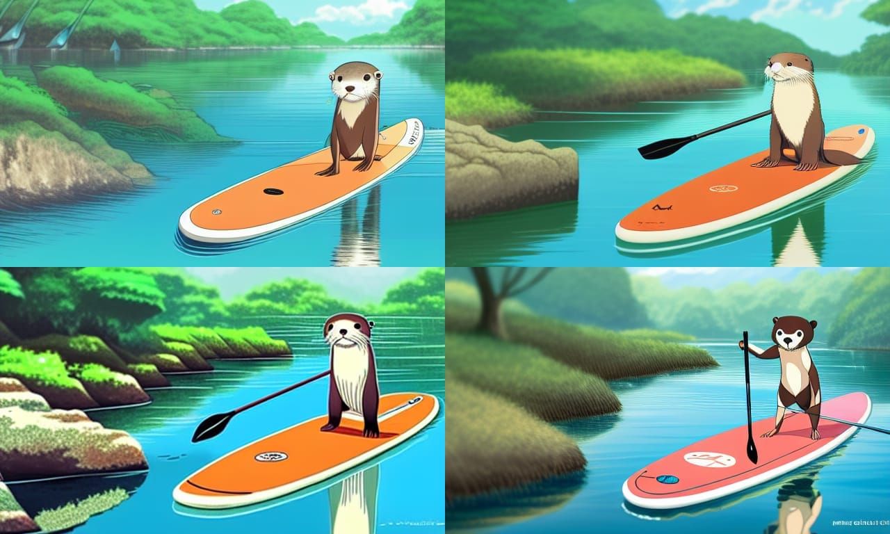 anthropomorphic otter paddle boarding on a clear lake, waterfall, high