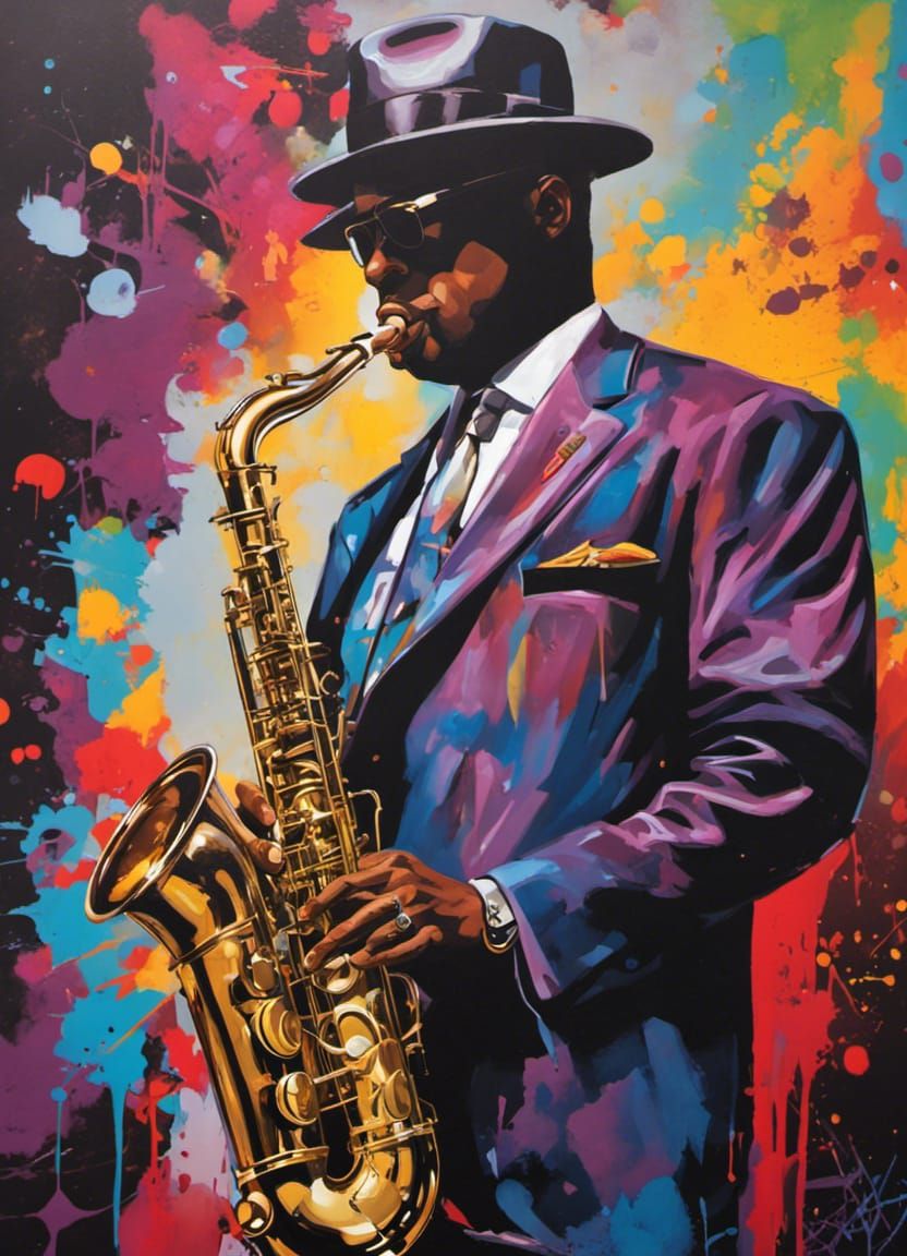 Coleman Randolph Hawkins playing his iconic saxophone in a nightclub graffiti art, splash art, street ...  by @Jasper