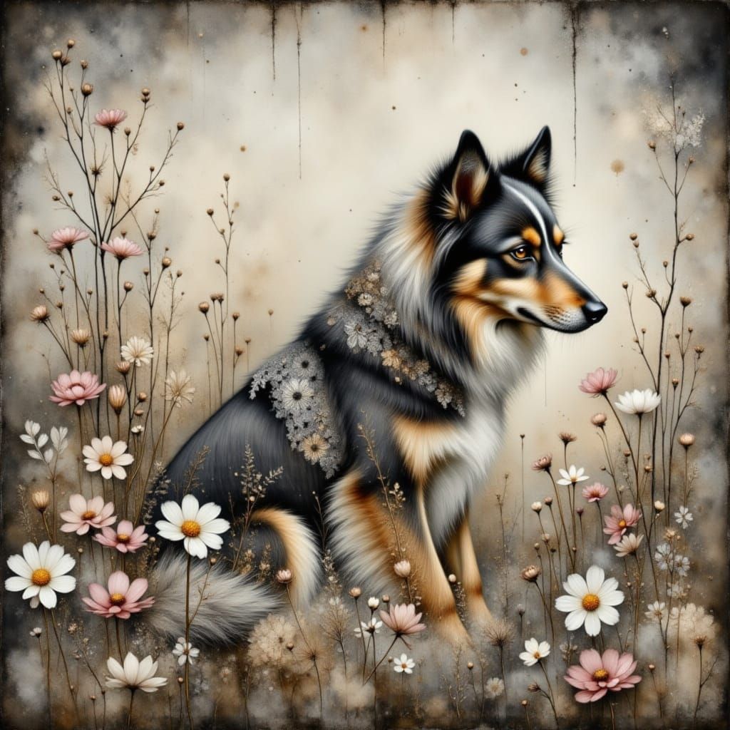 <lora:Animal Intensity:1.0> <lora:Abyss:1.0> <lora:Shadow whimsy:1.0> <lora:Crinkled Metallics:1.0>  Watercolor drawing of a dog full body i...