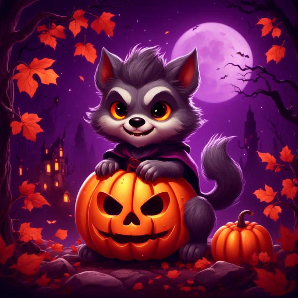 <lora:Cutie Pie Halloween:1.0> cute little werewolf on pumpkin, digital illustration 