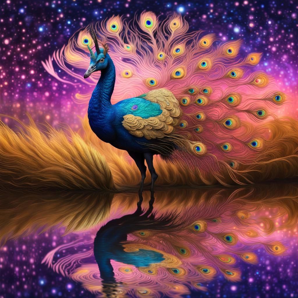 Unicorn Peacock Golden, purple feathers, pink reflection shiny ...