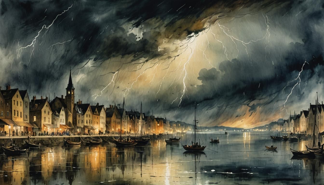  town during thunder storm at night in watercolor in style of  artist J.M.W. Turner.   by @Amber Alder