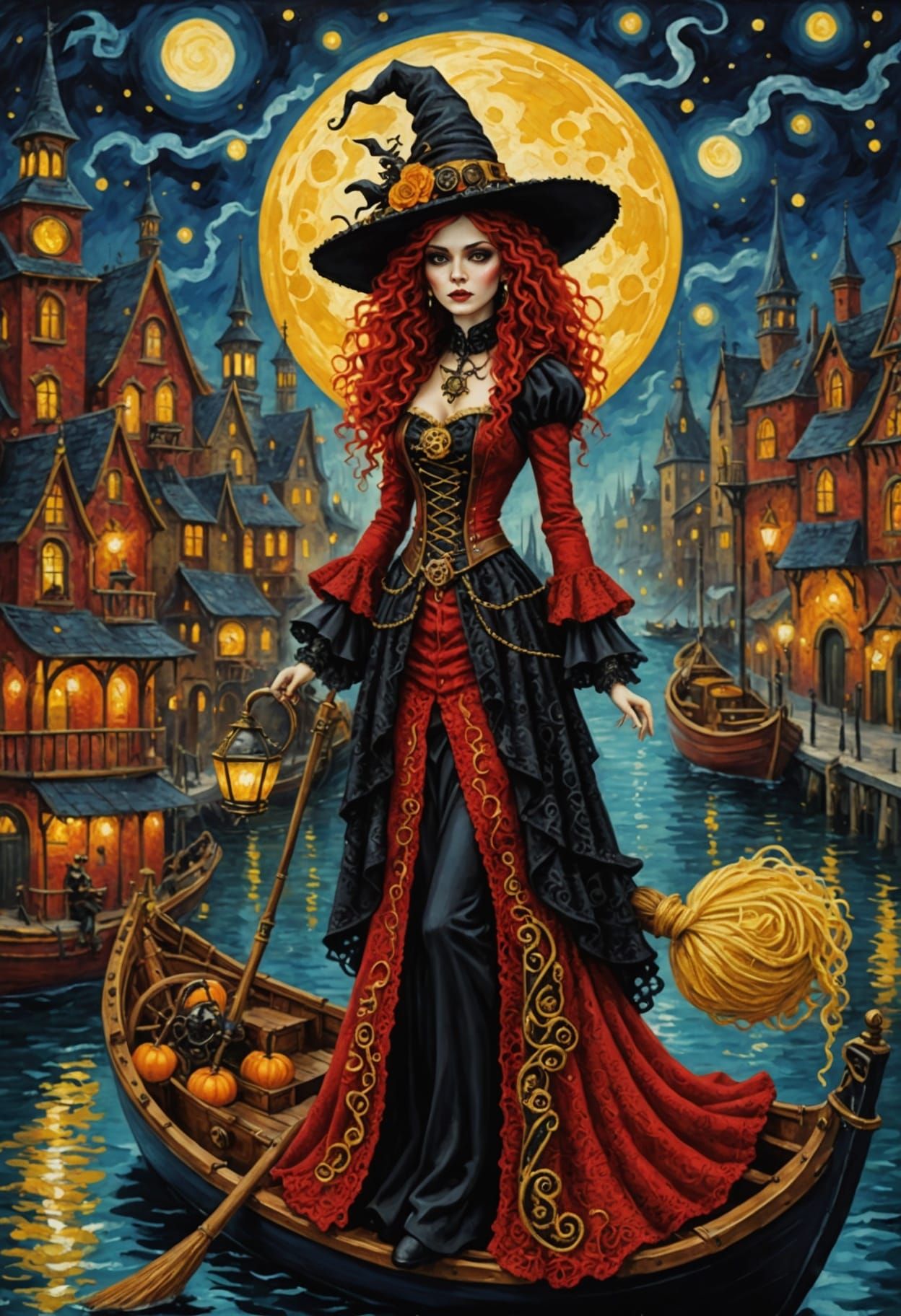 Steampunk Witch on Boat in Klimt Style