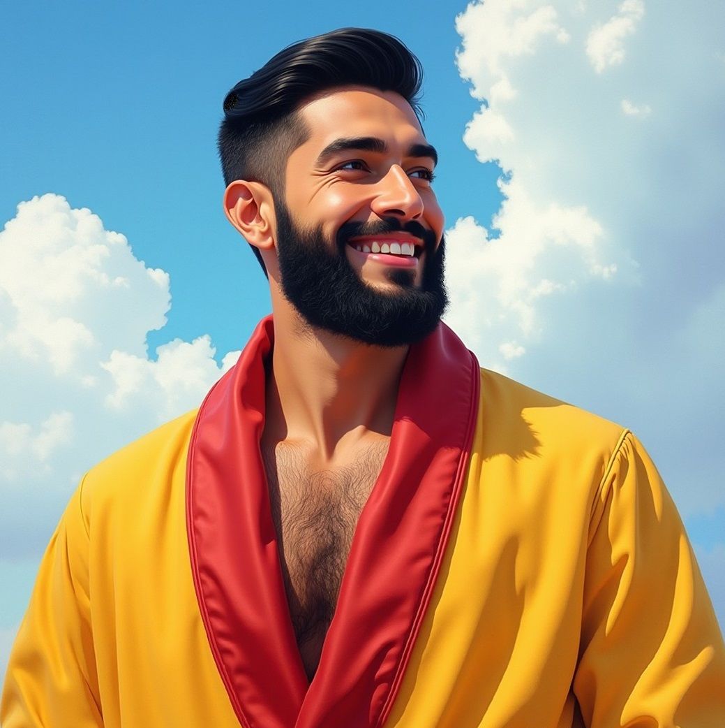 A gorgeous handsome joyous cheerful proud bearded man