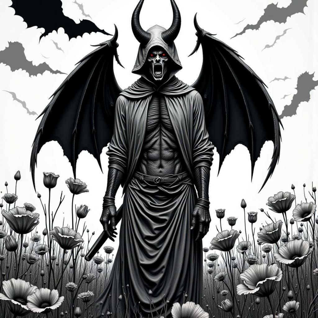 Bad Omens, devil, plains of poppies,
dark, graphic, meticulous detail, stark black-and-white, high-contrast, bold aesthetic, classic comic b...