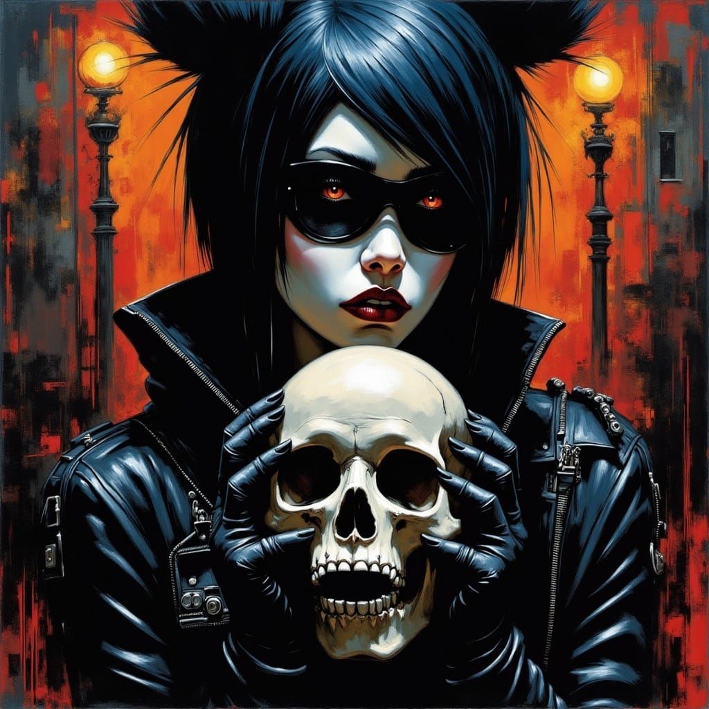 <lora:GPF:1.0> Pointillist Artwork. Close-up. Goth punk girl, wearing black fishnet and leather jacket, holds a skull in dimly lit alleyway....