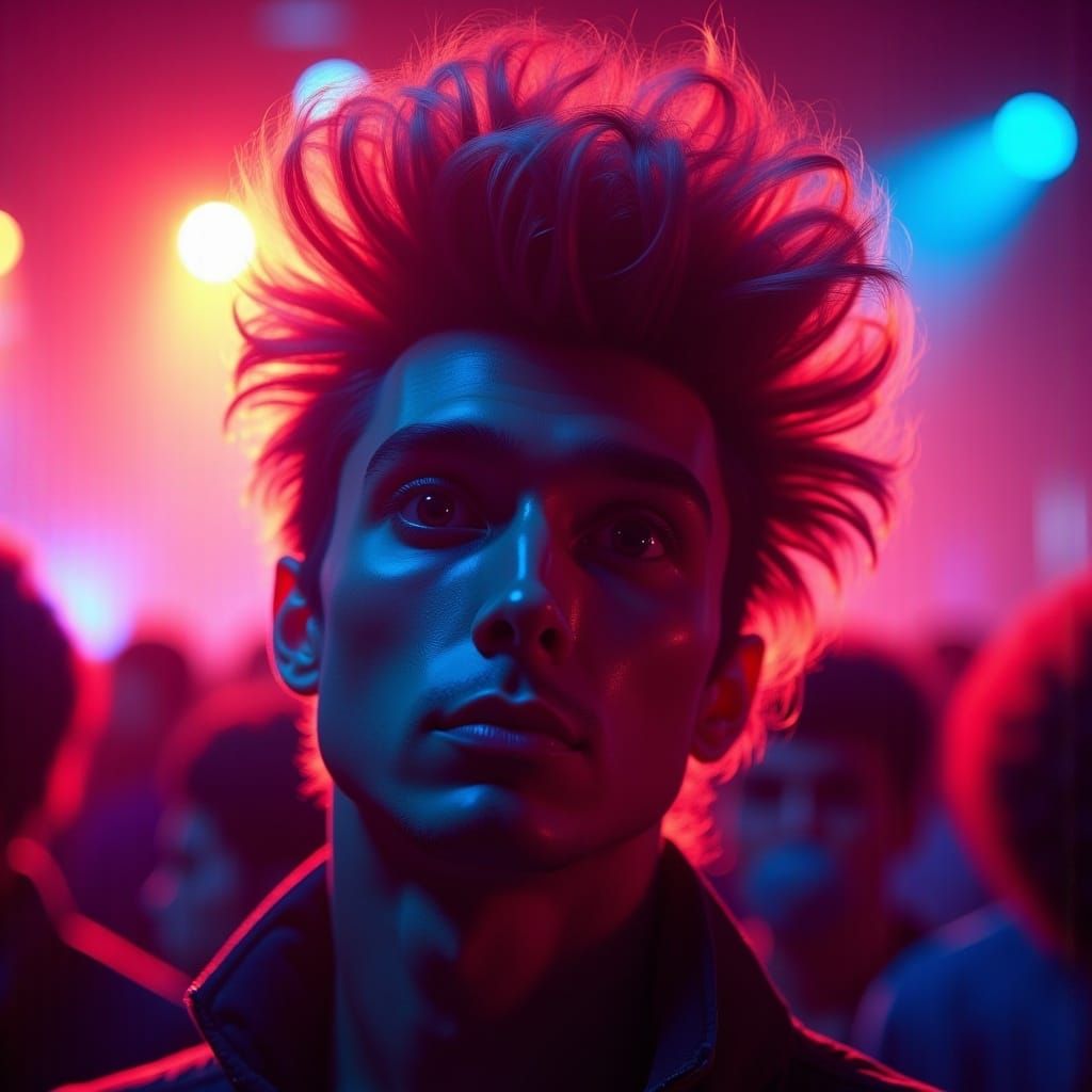  <lora:Big Flux Hair:1.0> man with punk hair, at a music festival, volumetric lighting 
