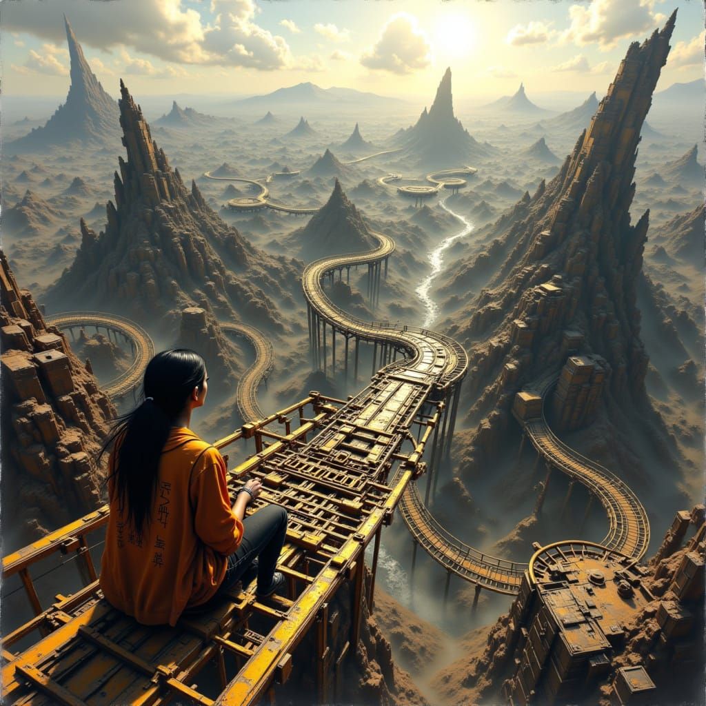 Post-Apocalyptic Rollercoaster in Fantasycore Landscape