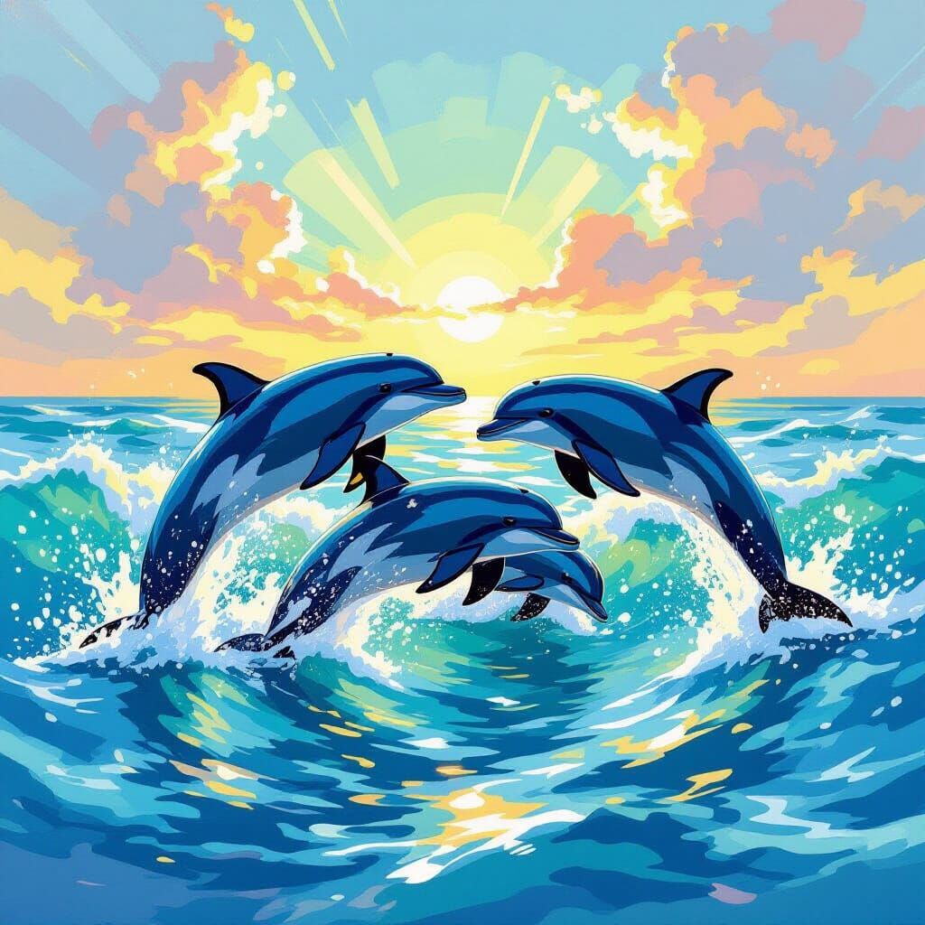 Playful Dolphins Leap Through Sunlit Ocean Waves
