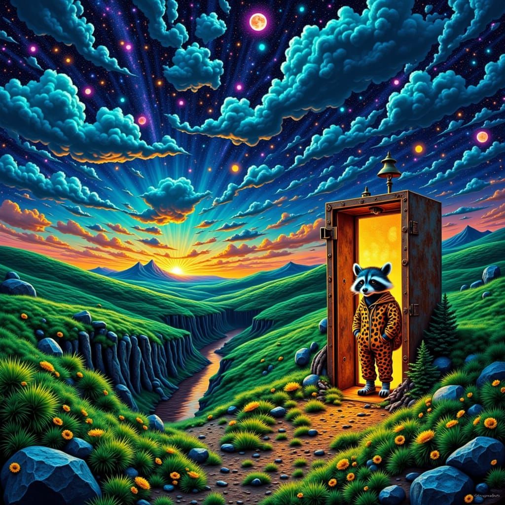 Surreal Rusty Portal Diorama with Raccoon in Neon Light