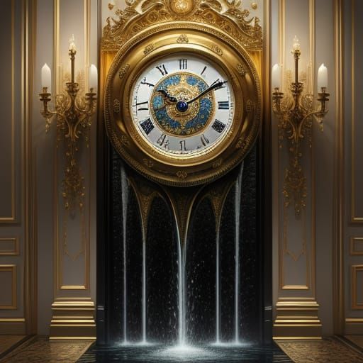 Stream water flows from a hyper-realistic wall clock, a luxurious home, precision of the smallest details