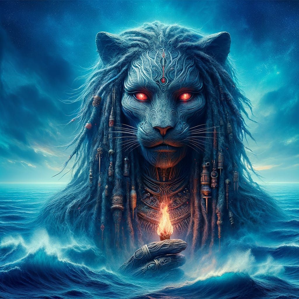 Mummified Panther Deity with Tribal Flame and Red Eyes