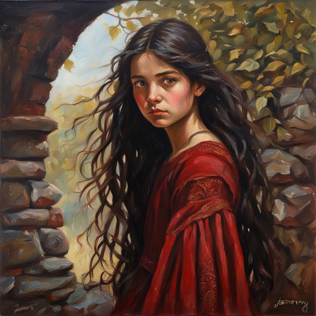 Beautiful Girl in Medieval Dress as Oil Painting