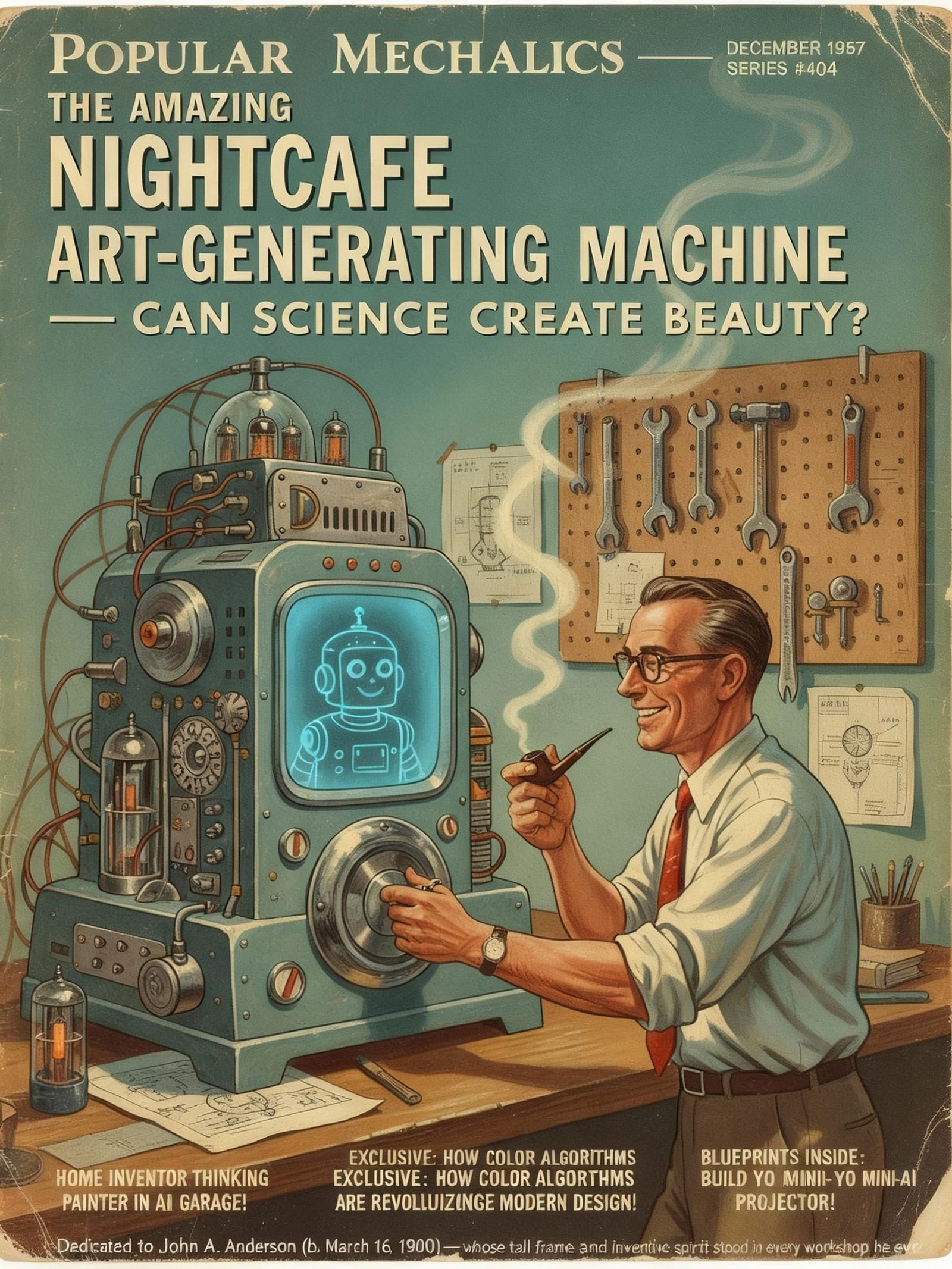 A detailed 1950s Popular Mechanics-style magazine cover illustration titled “The Amazing NightCafe Art-Generating ...  by @Old Retired Guy