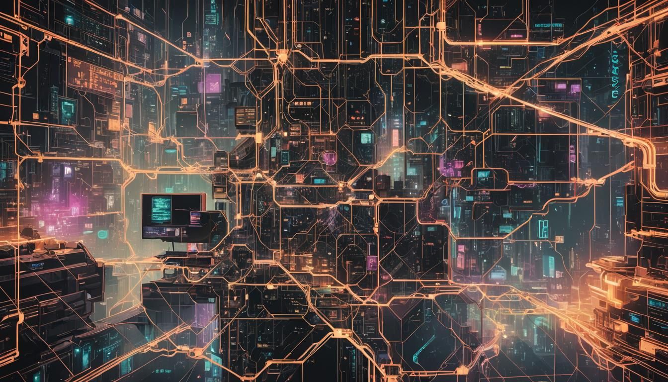 A cyberpunk hacker's network map displays data nodes, encryp...