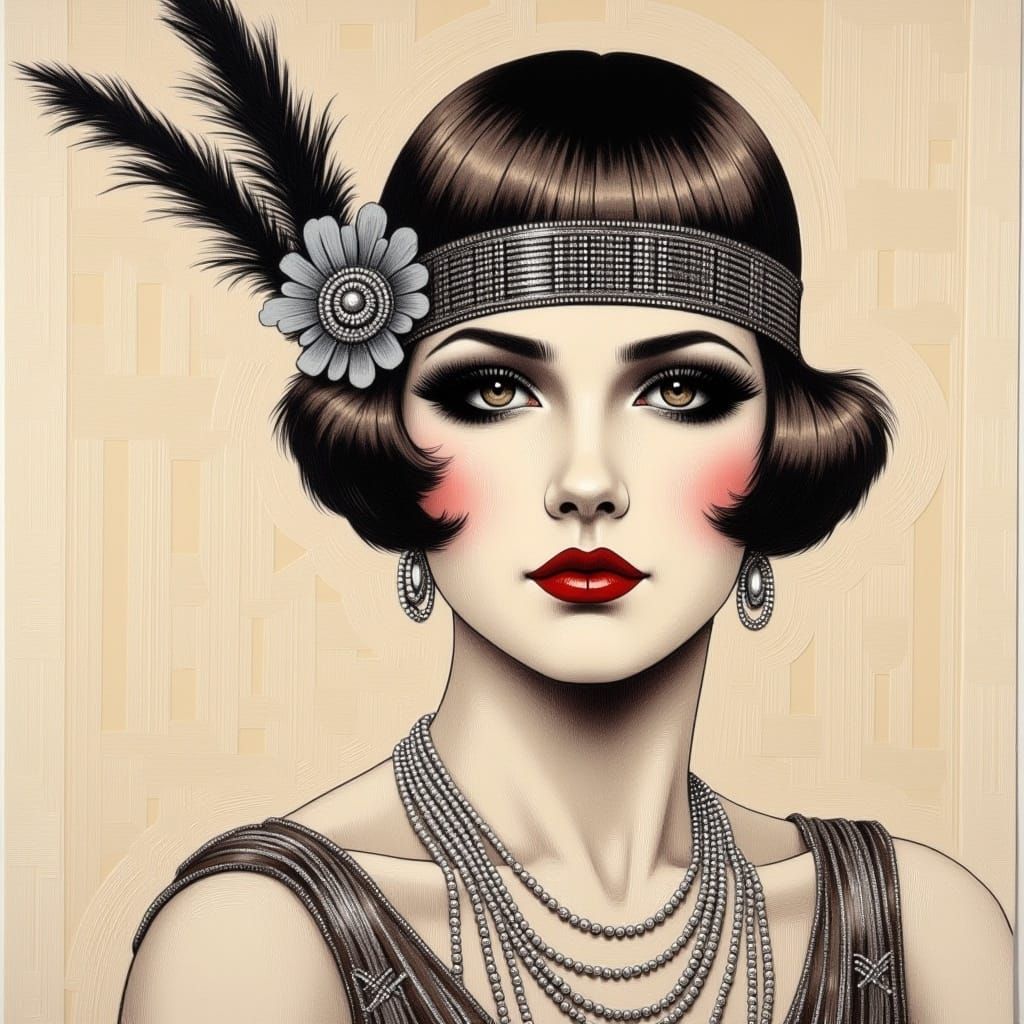<lora:1920s flapper girls:1.0>Pastel drawing portrait of a 1920s_flapper_girl, art_deco, Gatsby, glamour 