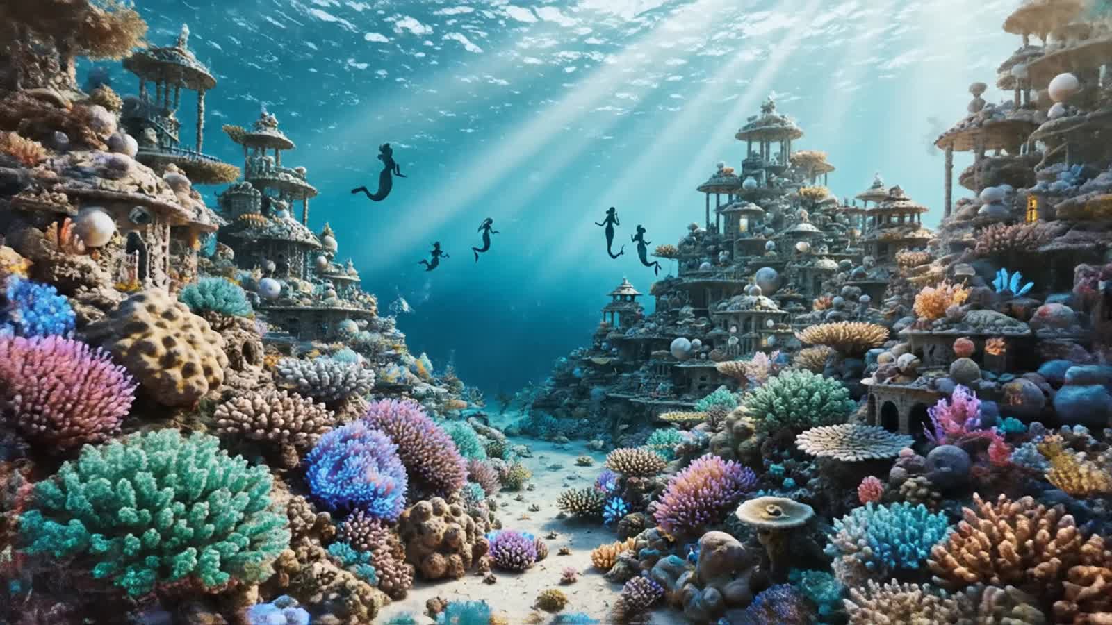 A whimsical merfolk city nestled in a vibrant coral reef, teeming with bioluminescent flora and fauna. Sunlight filters ...
