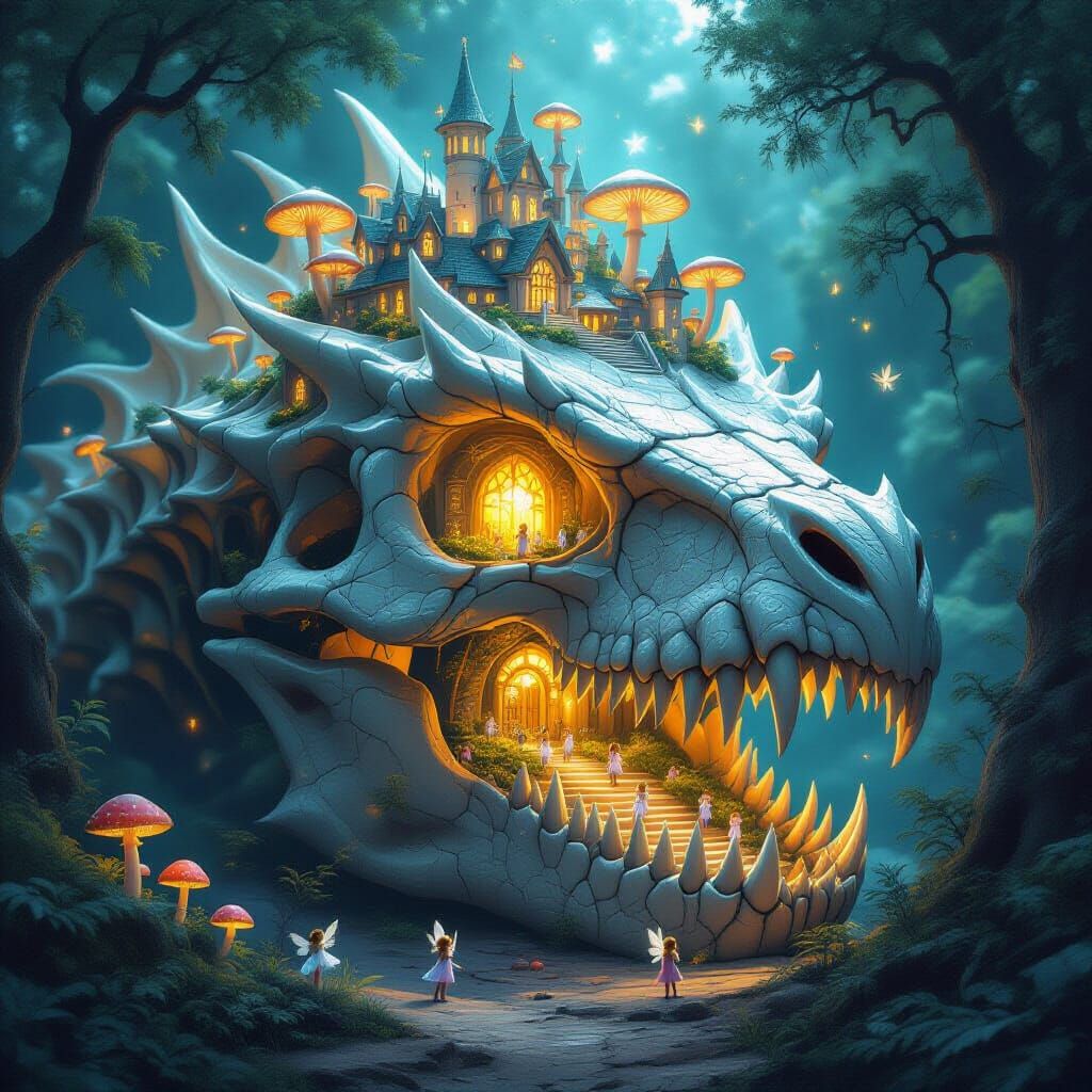 Digital painting. A hidden crystal city nestles inside the hollowed-out skull of a giant, abandoned dragon, illuminated by glowing mushrooms...