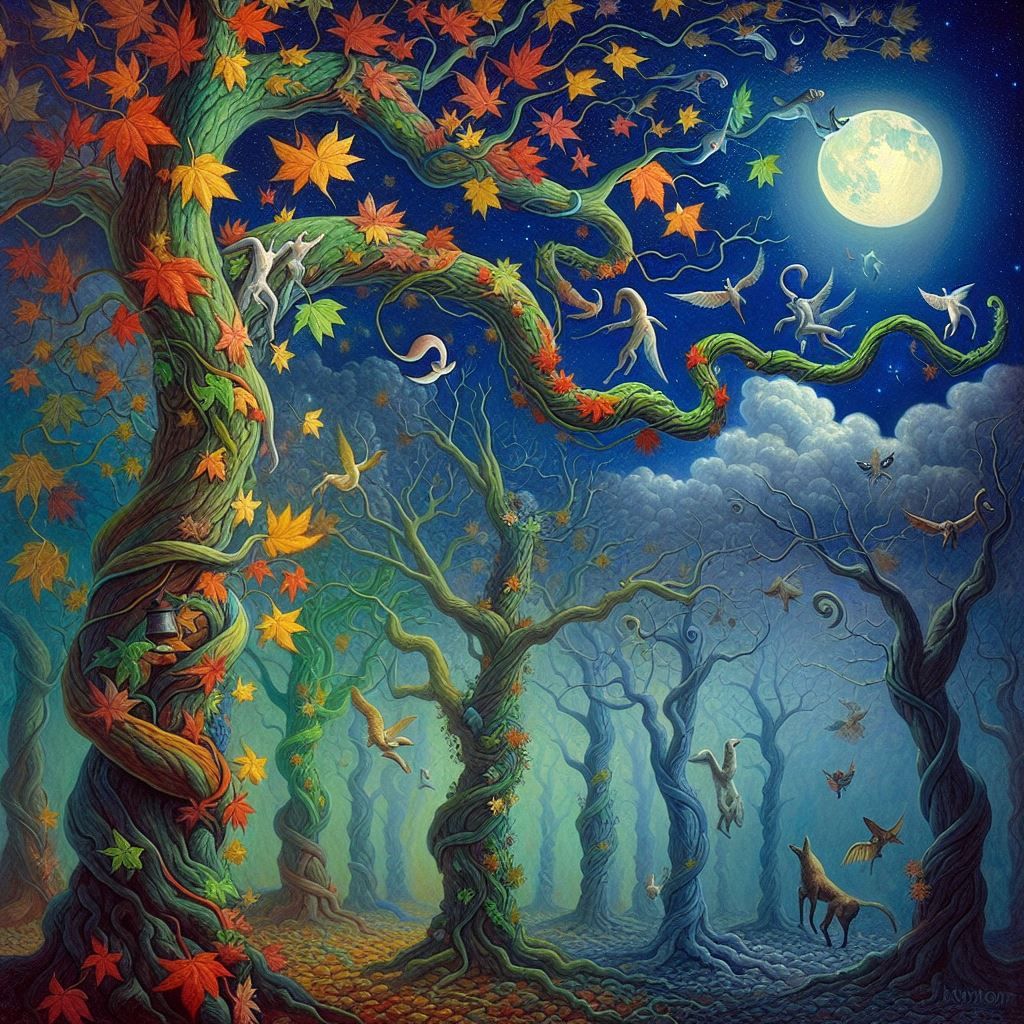 Poème de Paul Eluard Les feuilles de couleur dans les arbres nocturnes Et la liane verte et bleue qui joint le ciel aux ...