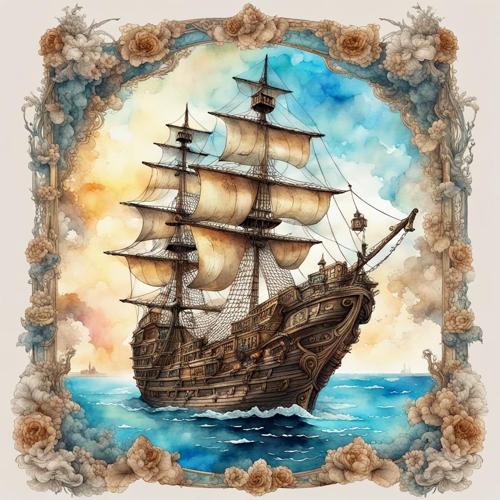 very beautiful antik pirate ship with beautiful majestic wom...