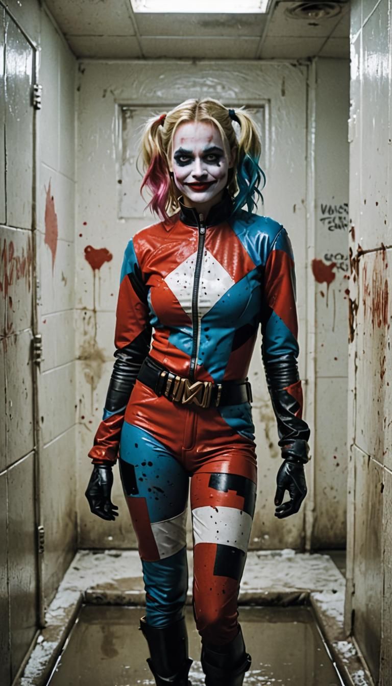 Cameron Diaz as Harley Quinn in her harlequin suit in the center of a ...