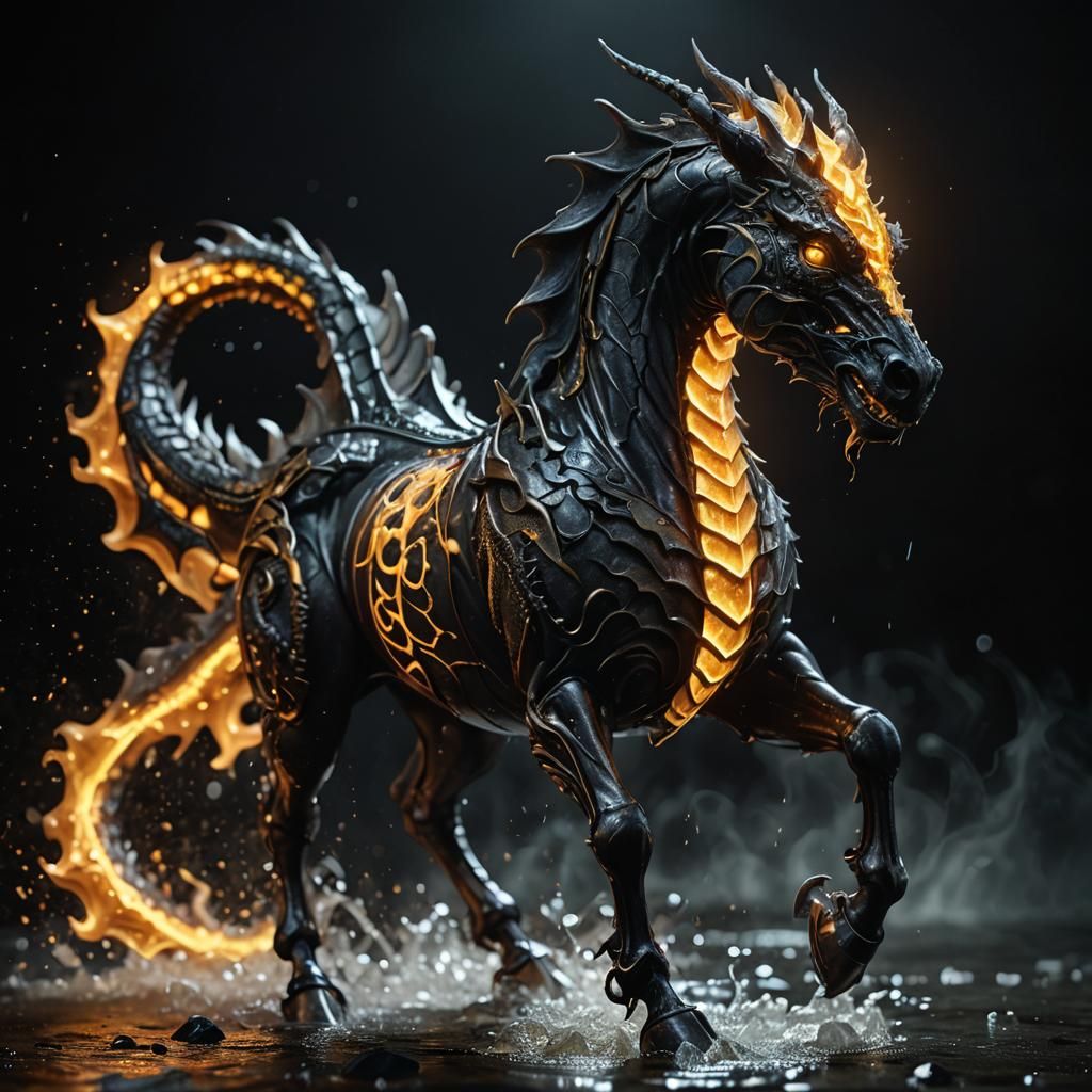 a glowing dragon horse hybrid, in a liquid sinister background, shot on Hasselblad H6D-400c Multi-shot, ...  by @ The Flying Train