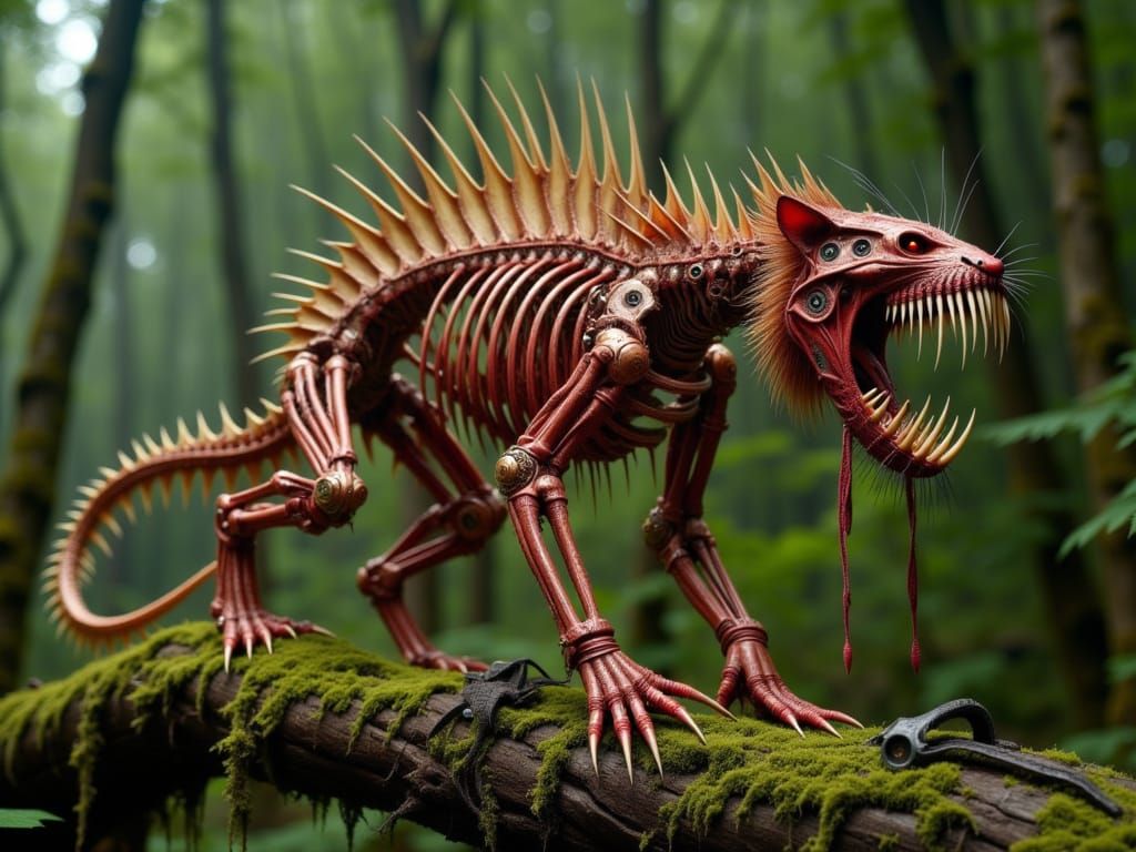 jaguar cat monster<lora:Sharp teeth:1.0> on a mossy log, accurate_anatomy