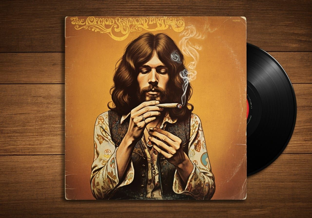 A hippy rolling a joint on an album cover, the album cover is a 70's rock album, weathered, worn, Band ...  by @Jack-Mike
