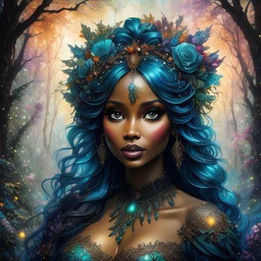 CHUBBY black skin Fairy with (bioluminescent wings🧚‍♀️:1.9) in an enchanted forest 🌹🌲<lora:Black Skin:0.3> <lora:Rehab Chocolate1-5:0.2>...