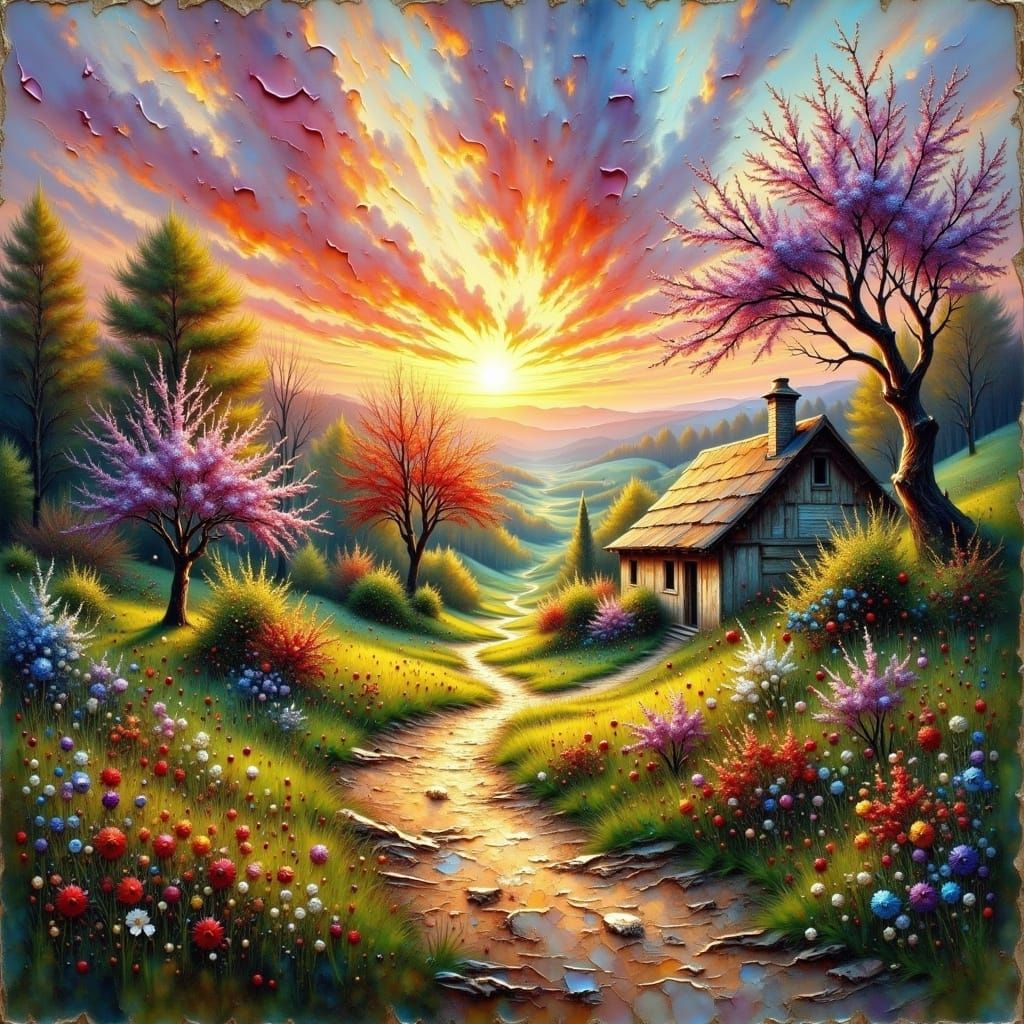 Beautiful old world country village. Beautiful spring sunrise, insanely detailed watercolor painting with rough paint strokes and textures,...